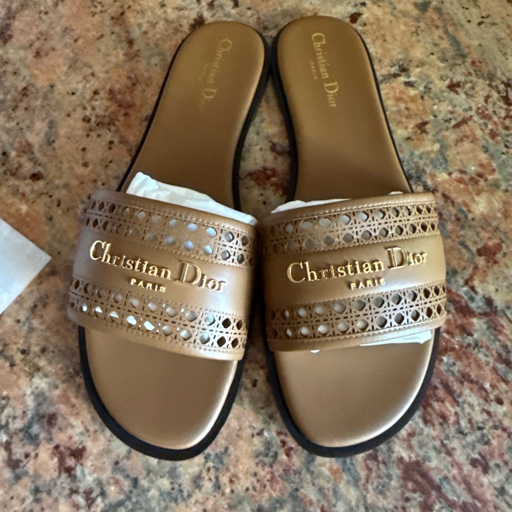 Dior Gold Logo Perforated Tan Slide Sandals